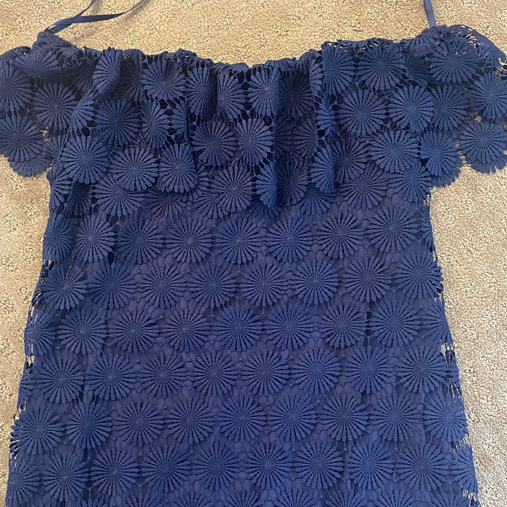 Trina Turk Navy Blue Floral Textured off the shoulder dress